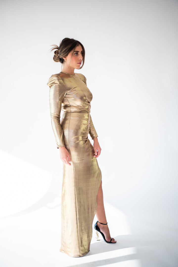 Meraki Offical Golden Gown Metallic Dress  RRP  $855
