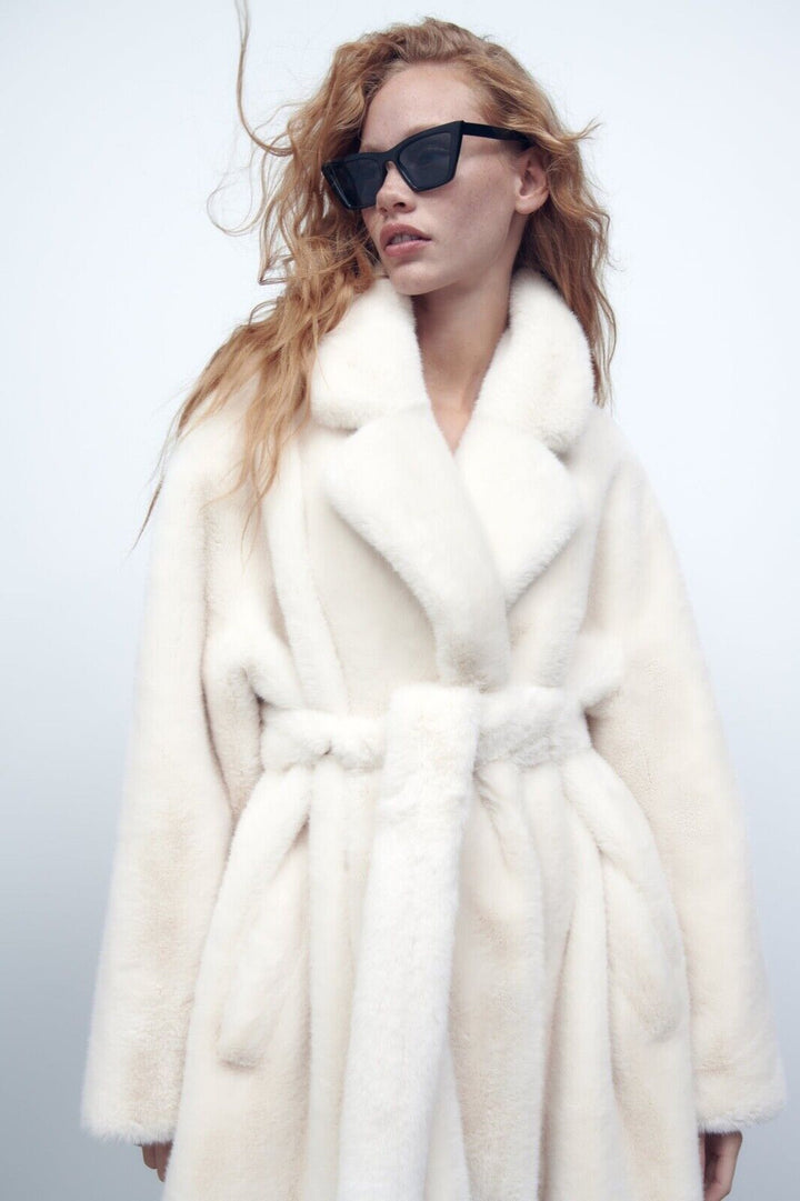 ZARA IVORY OFF WHITE MINK LONG FAUX FUR COAT RRP $399