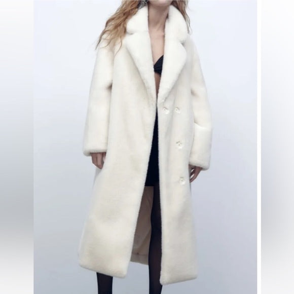 ZARA IVORY OFF WHITE MINK LONG FAUX FUR COAT RRP $399